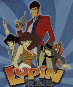 Arsène Lupin III, with companions Fujiko Mine, Daisuke Jigen, and Goemon Ishikawa, and Inspector Zenigata of Interpol in pursuit.